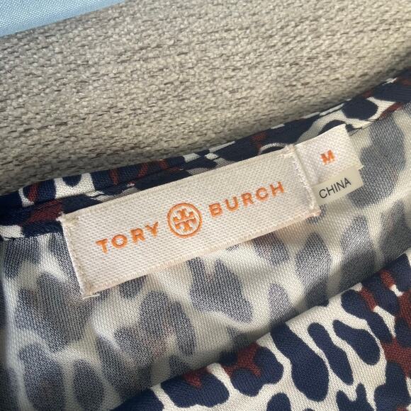 TORY BURCH Medium Blue Brown Leopard Cheetah 3/4 Sleeve Midi Dress Stretch - Picture 2 of 4